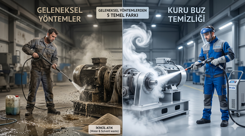 kuru buz kumlama farkı, endüstriyel temizlik yöntemleri karşılaştırma, susuz makine temizliği avantajları, aşındırmayan temizlik teknolojisi, kuru buzla temizlik maliyeti, er gök kuru buz çözümleri, kalıp temizleme teknikleri, çevreci endüstriyel temizlik, kimyasalsız fabrika temizliği, kuru buz dielektrik temizlik